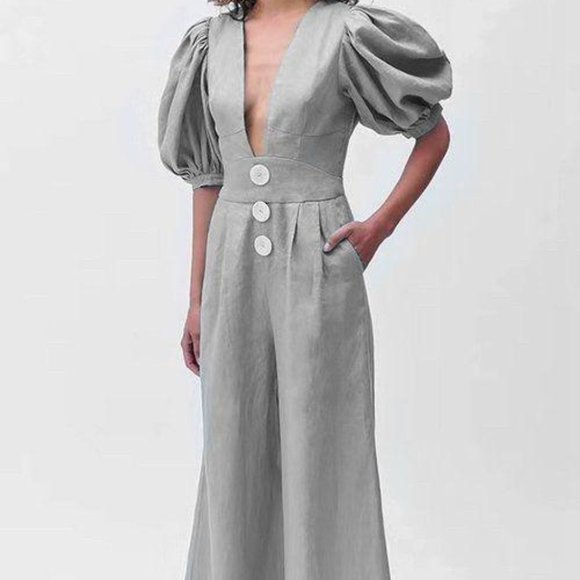 La' Ros Deep V-Neck Puff Sleeve Jumpsuit - Picture 1 of 12